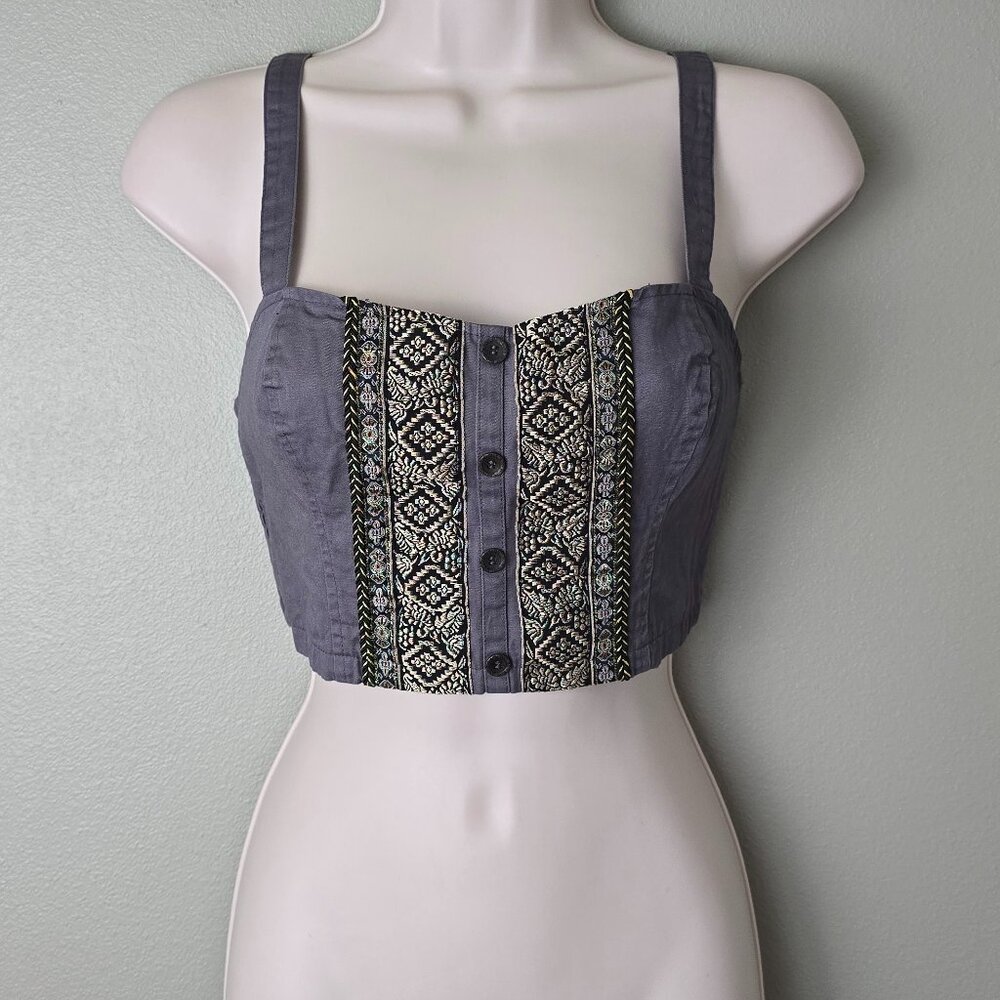 Staring at Stars Embellished Gold and Grey Button Up Crop Top